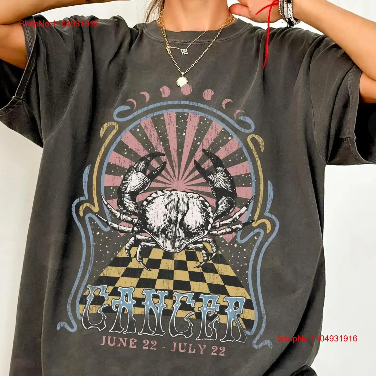 تي شيرت فرقة زودياك للسرطان تي شيرت عتيق مستوحى من هدية بوهو كلاسيكية مغسولة ومريحة ومتعددة الاستخدامات بتصميم جرافيك #1