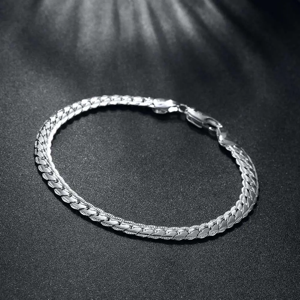 925 Sterling Silber Armbänder Halskette Schmuckset für Männer und Frauen, klassische, feine 5 mm Flachkette, 18/20/22/24 Zoll, modisches Partygeschenk – Detail 3