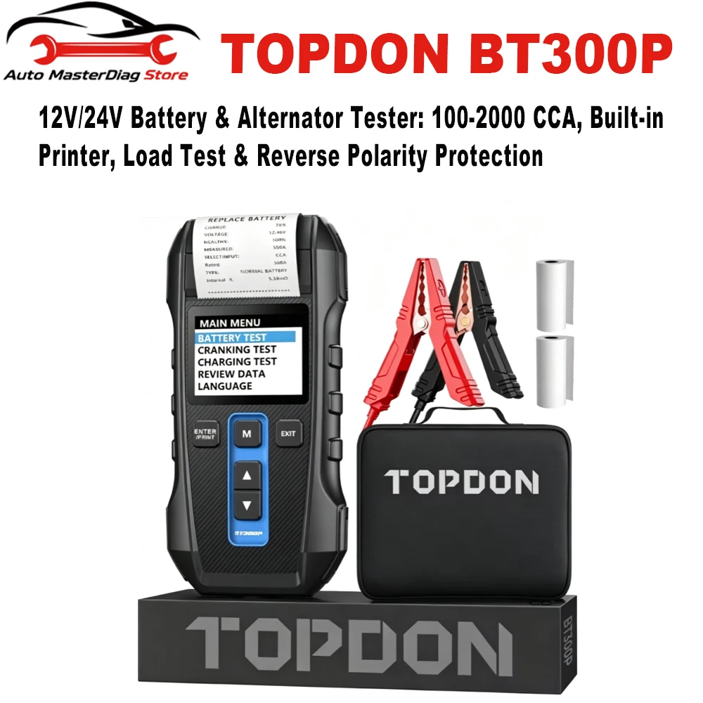 TOPDON BT300P 12V/24V Battery & Alternator Tester: 100-2000 CCA, Built-in Printer, Load Test & Reverse Polarity Protection