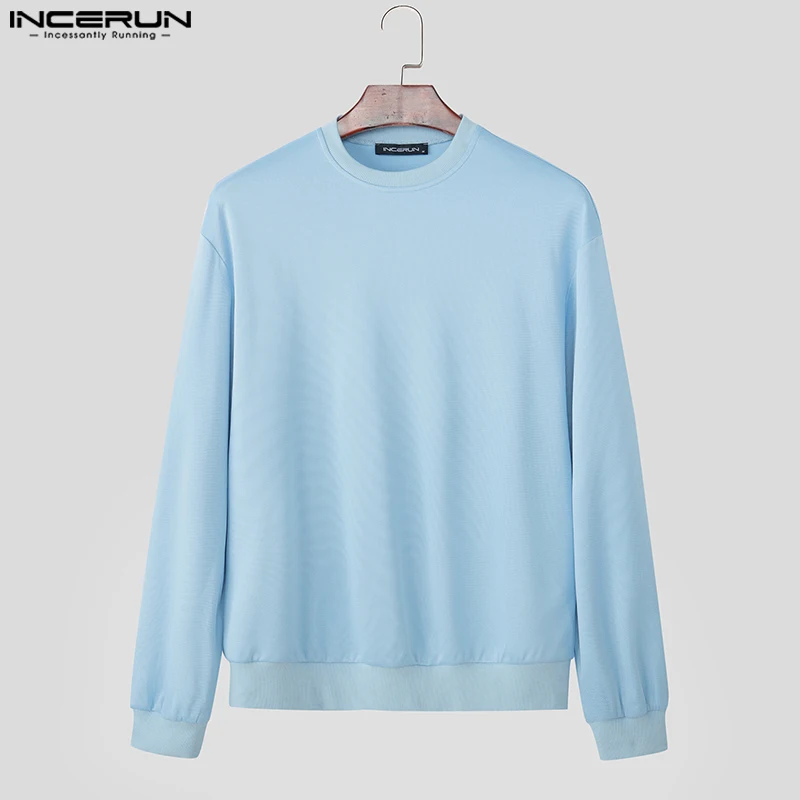 

INCERUN мужские толстовки с круглым вырезом и длинными рукавами, уличная одежда, свободные повседневные мужские толстовки, мода 2025 года, однотонная мужская одежда, пуловеры