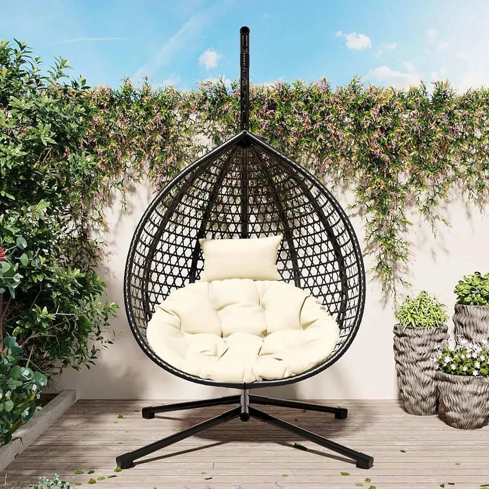 

Прочное плетеное кресло-качели из ротанга с подставкой, подвесное кресло для дома и улицы со съемной подушкой, подходит для балкона, спальни