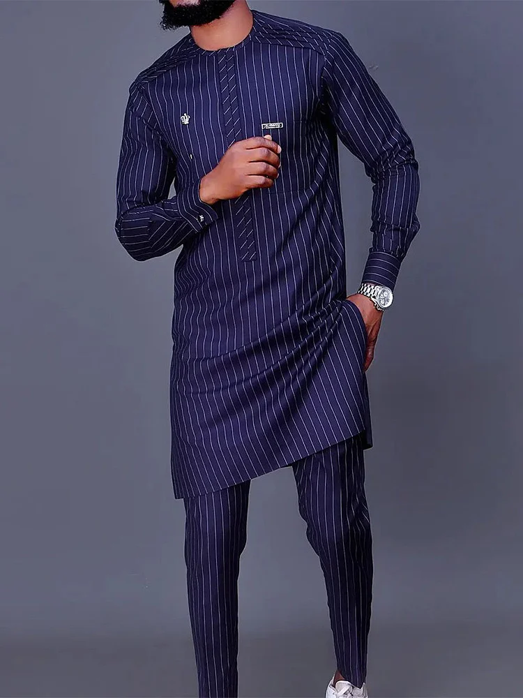 Men\'s luxury fashion casual navy blue striped print two-piece set