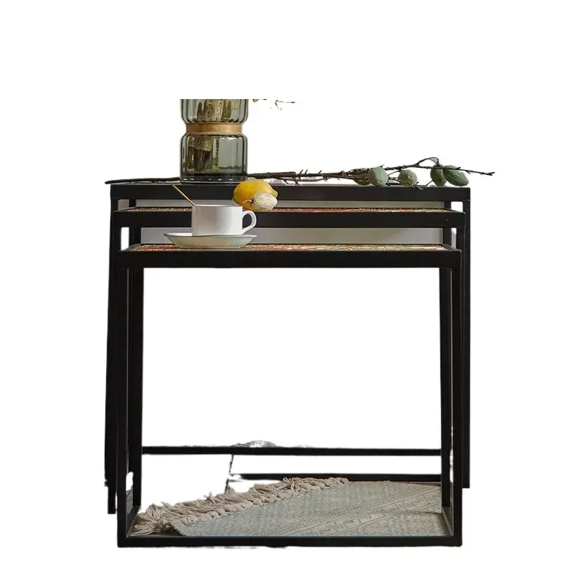 

American retro coffee table painted relief glass edge table