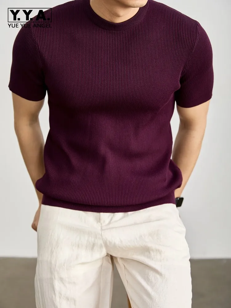 

Summer Mens Knitted T-Shirt Slim Fit Short Sleeve O Neck Solid Color Comfortable Breathable Streetwear Casual Pullover Tees Tops