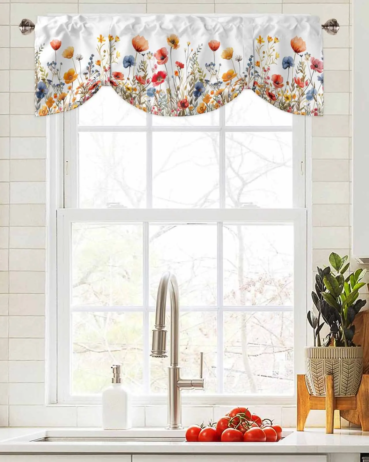 

Flowers Plants Watercolor Leaves Window Curtain Living Room Kitchen Cabinet Tie-up Valance Curtain Rod Pocket Valance