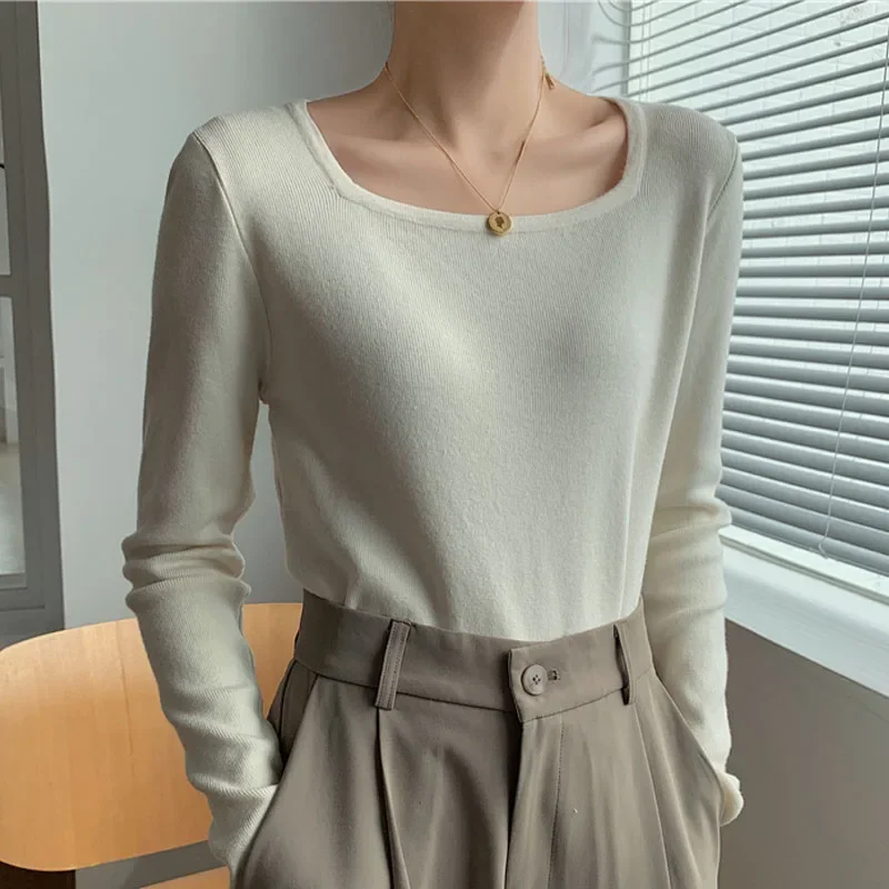 New Square Collar Knit Sweater Women Pullovers Long Sleeve Knitted Sweater Pullover Women Tops Sueters De Mujer Knitwears M893