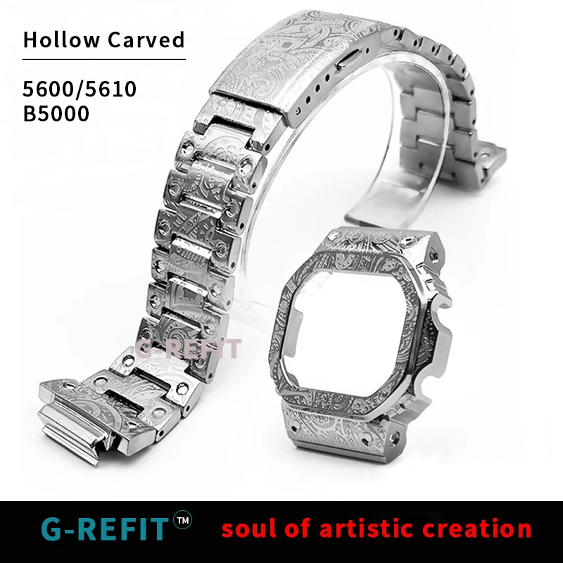 G-REFIT DW5600 5610 GW-B5600 Безель 316L Металлический ремешок GW5000 Винтажный модифицированный ремешок для часов из нержавеющей стали с узором пейсли Безель корпуса часов