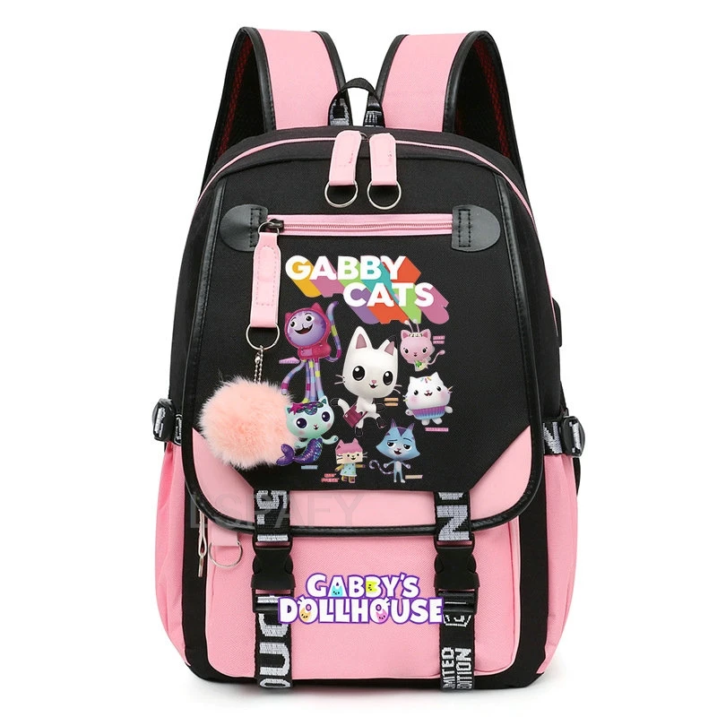 Fashion Gabby\'s Dollhouse Backpack Plush Ball Harajuku Gabby Dollhouse School Bags Women Lovely Girls Canvas Schoolbag Mochlia