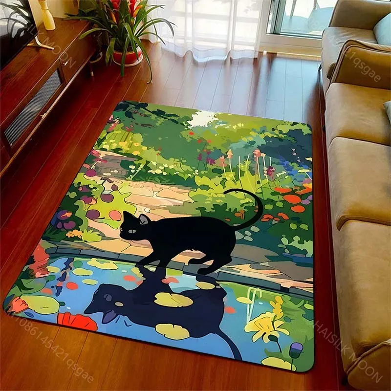 Multiple sizes Black cat reflection in garden Print Carpet for Living Room Bedroom Sofa Home Decor Non-slip Mat Luxury Gift