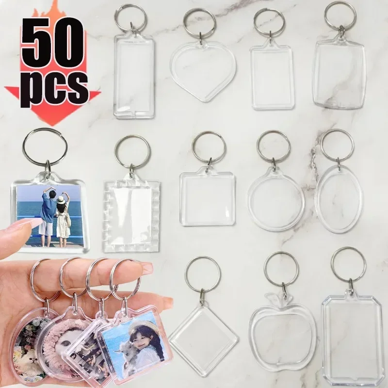 1/50Pcs Picture Frame Keychain Women Men Transparent Rectangle Acrylic Keyrings DIY Split Insert Photo Keychains Fashion Gifts