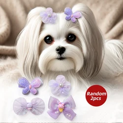 2PC Pet Supplies Cat Purple Sequin Bow Flower Hair Clip Color Randomly Suitable for Small and Medium Dogs