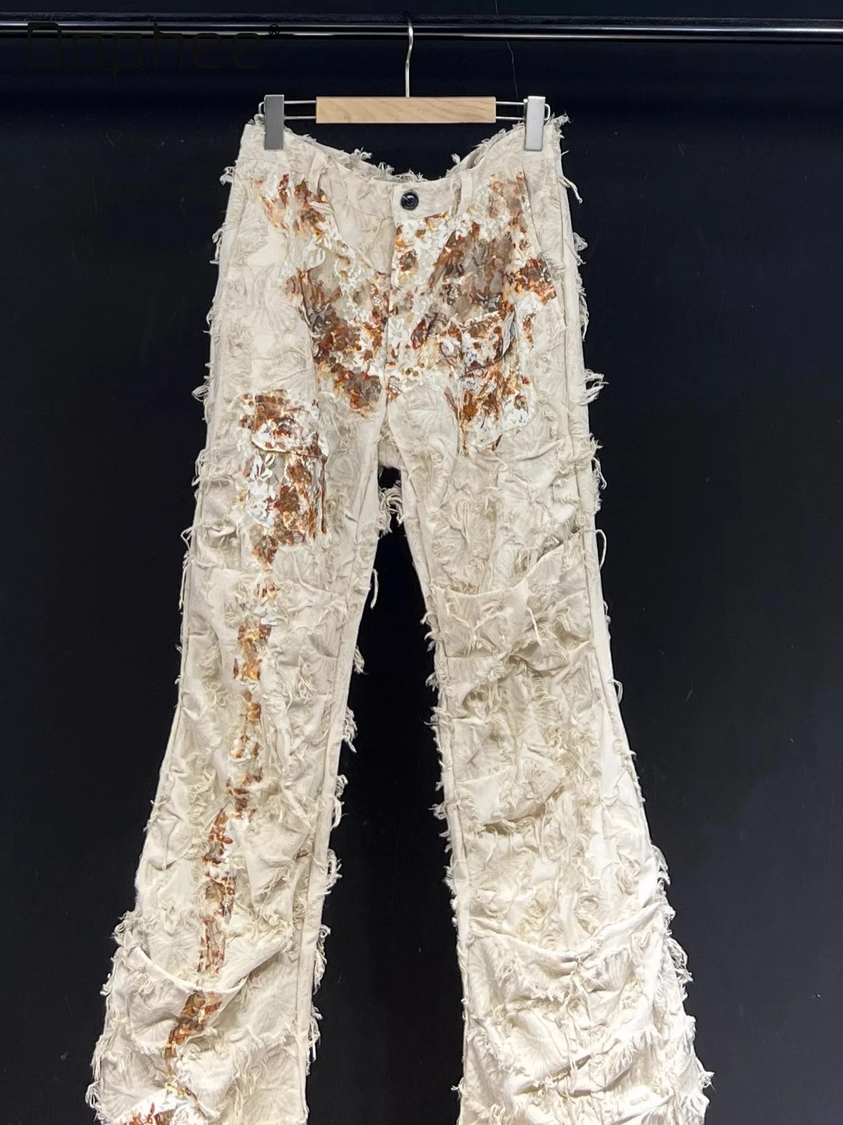 

Harajuku Style Street Personality Distressed Frayed Lace Patchwork Vintage Print Loose Casual Long Pants Floor-Length Pants Men