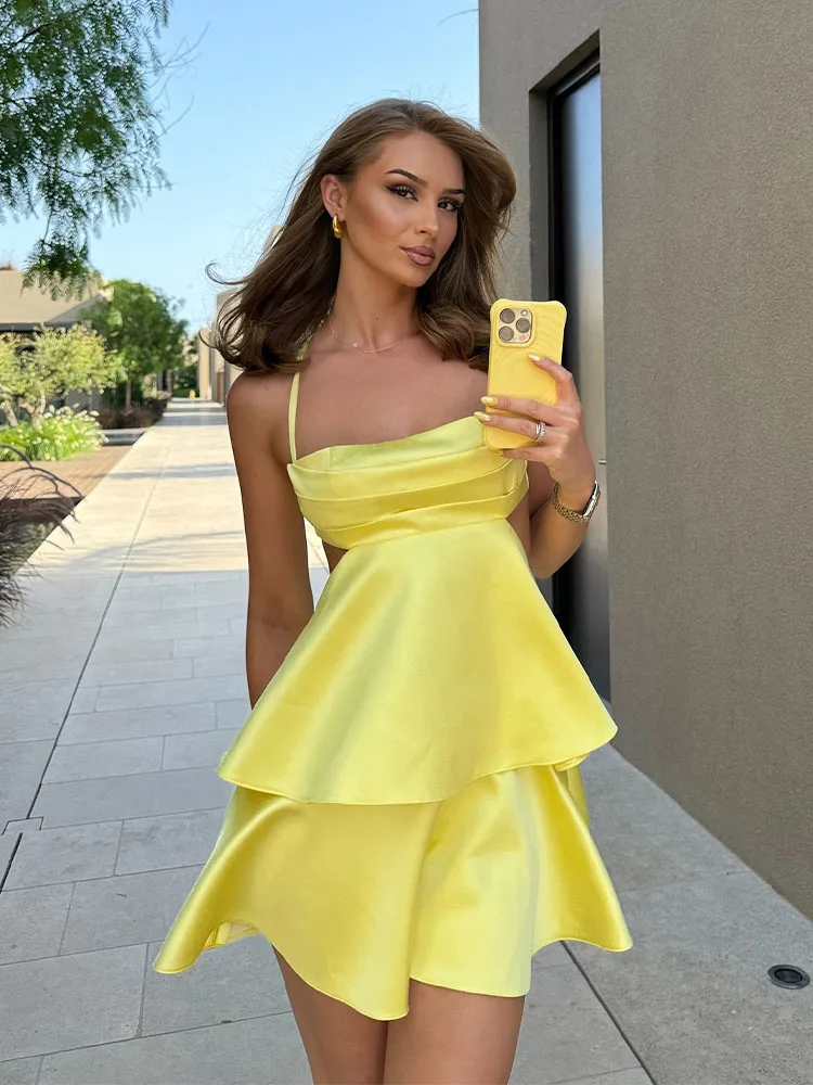 

TRAFZA 2024 Woman's Sexy Dress Yellow Square Collar Sleeveless Backless Hollow Out Zipper Summer Dresses Woman Trendy Traf