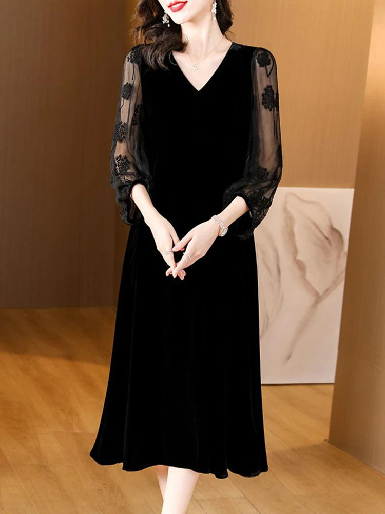 Women Elegant Luxury Party Evening Dress 2024 Black Velvet Patchwork Embroidery Sleeve Dress Autumn Winter Vintage Hepburn Dress