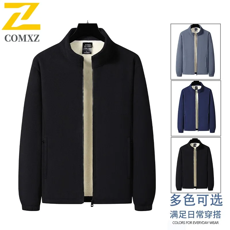 COMXZ 2025 Mens Winter Fleece Lined Thick Polar Fleece Jacket Stand Collar Casual Sports Warm Outwear for Middle Aged Men