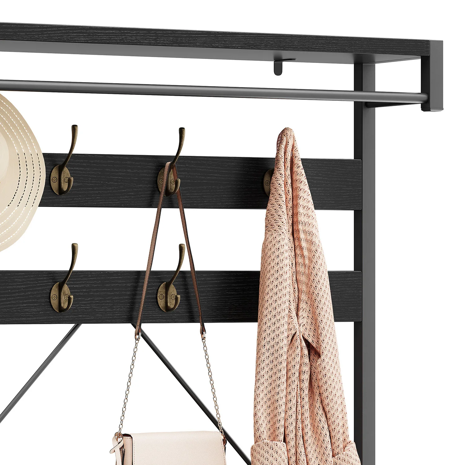 Industrieller Garderobenständer mit Schuhwechselbank, 2-stufiger Schuhablage, Haken, Kleiderstange, Metallrahmen für Flur, Garderobe, Schlafzimmer – Detail 5