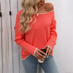 Autumn Casual Contrasting Color Pullover Knitted Top 2024 New Women's Clothing Round Neck Long Sleeved Sweater Кофточки Трикотаж