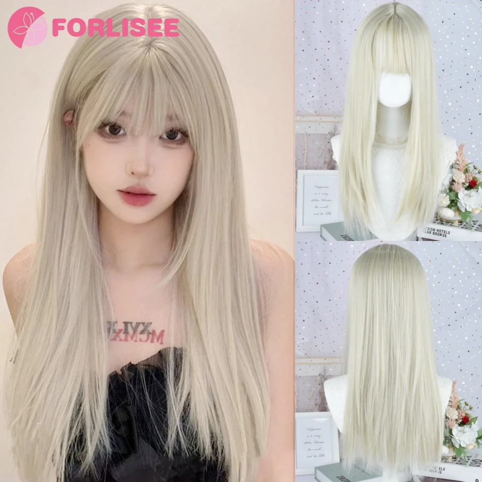 

Straight Layered White Gold Wigs with Neat Bangs High Density Synthetic Natural Fake Hair Wig for Women Daily Cosplay Party Wigs