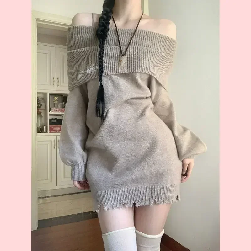 Kimotimo Autumn Winter One Shoulder Sweater Women Sexy Y2k Fashion Embroidery Strap Knitted Pullovers Harajuku Casual Clothes