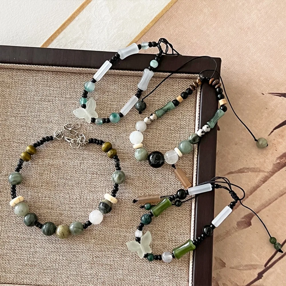 Pulsera de cuentas de bambú de estilo chino, brazalete de cuerda trenzada, Estilo Vintage