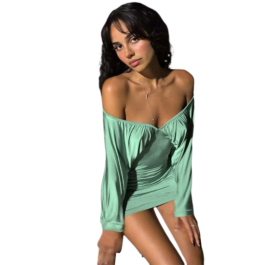 Robe d'automne pour femmes, couleur unie, Sexy, épaules dénudées, dos nu, manches longues, sans bretelles, moulante, Mini