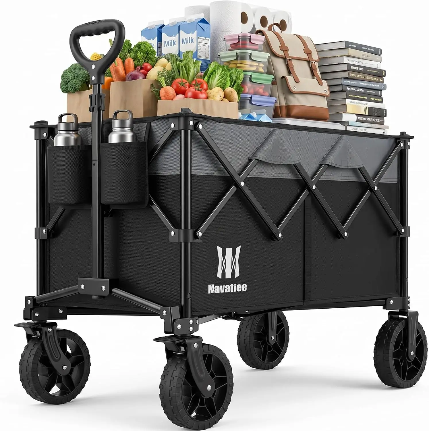 165L Collapsible Folding Wagon, Large Foldable Wagon with Silent All-Terrain Wheels, 330Lbs Heavy Duty Utility Grocery Cart for Camping Shopping Outdoor, Black
