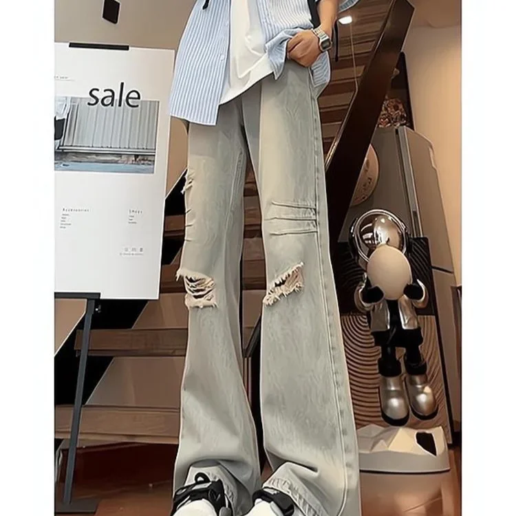 American Retro Ripped Jeans Men's Summer Pants High Street Vibe Straight Micro-pull Trousers