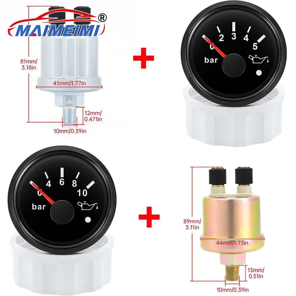 

0-5 Bar 0-10Bar Oil Press Meter with Red Backlight + 1/8NPT Oil Pressure Sensor for Marine Boat Yacht Car 9~32V