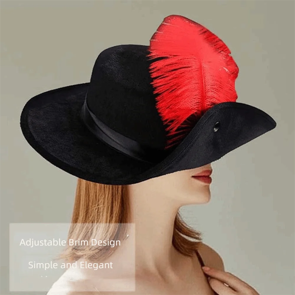 Filz-Cavalier-Zylinder mit künstlichen Federn, flacher Hutkrempe, Bühnenkappe, breiter Krempe, Retro-Stil, Maskerade-Kopfbedeckung, Requisite für Fotostudio – Detail 3