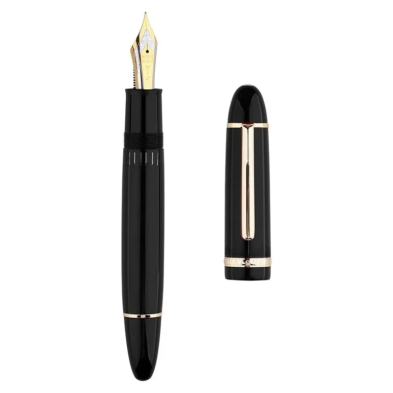 nouveau-stylo-plume-a-piston-de-luxe-majohn-p141-stylo-de-luxe-n°8-a-pointe-f-avec-grande-fenetre-d'encre-corps-en-resine-et-finitions-or-et-argent-ideal-pour-l'ecriture-et-comme-cadeau