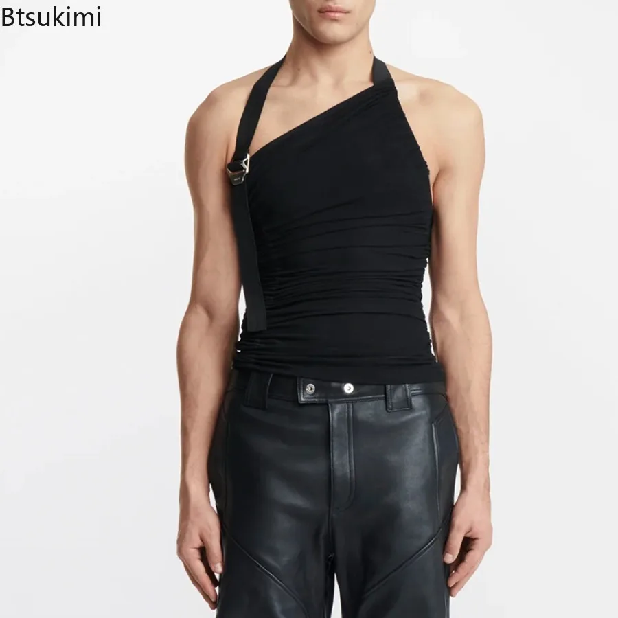 New Men's Personalized Vest Tops Strap Shoulder Hollow Knitted Tank Tops Elastic Slim Fit Tops Men Summer Fashionable T-shirt