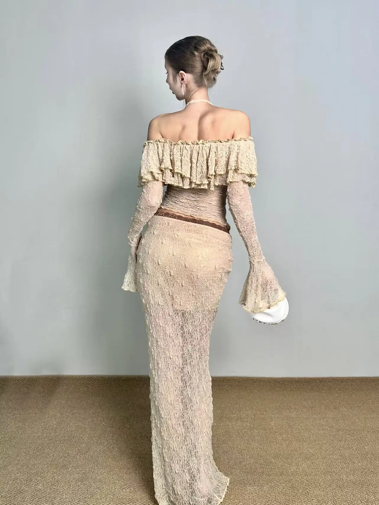 

Jqwention Spring 2026 Yellowish Bubble Texture Slim Fit Shoulder Bared Ruffle Design Top Women's Fashion Spring Collection