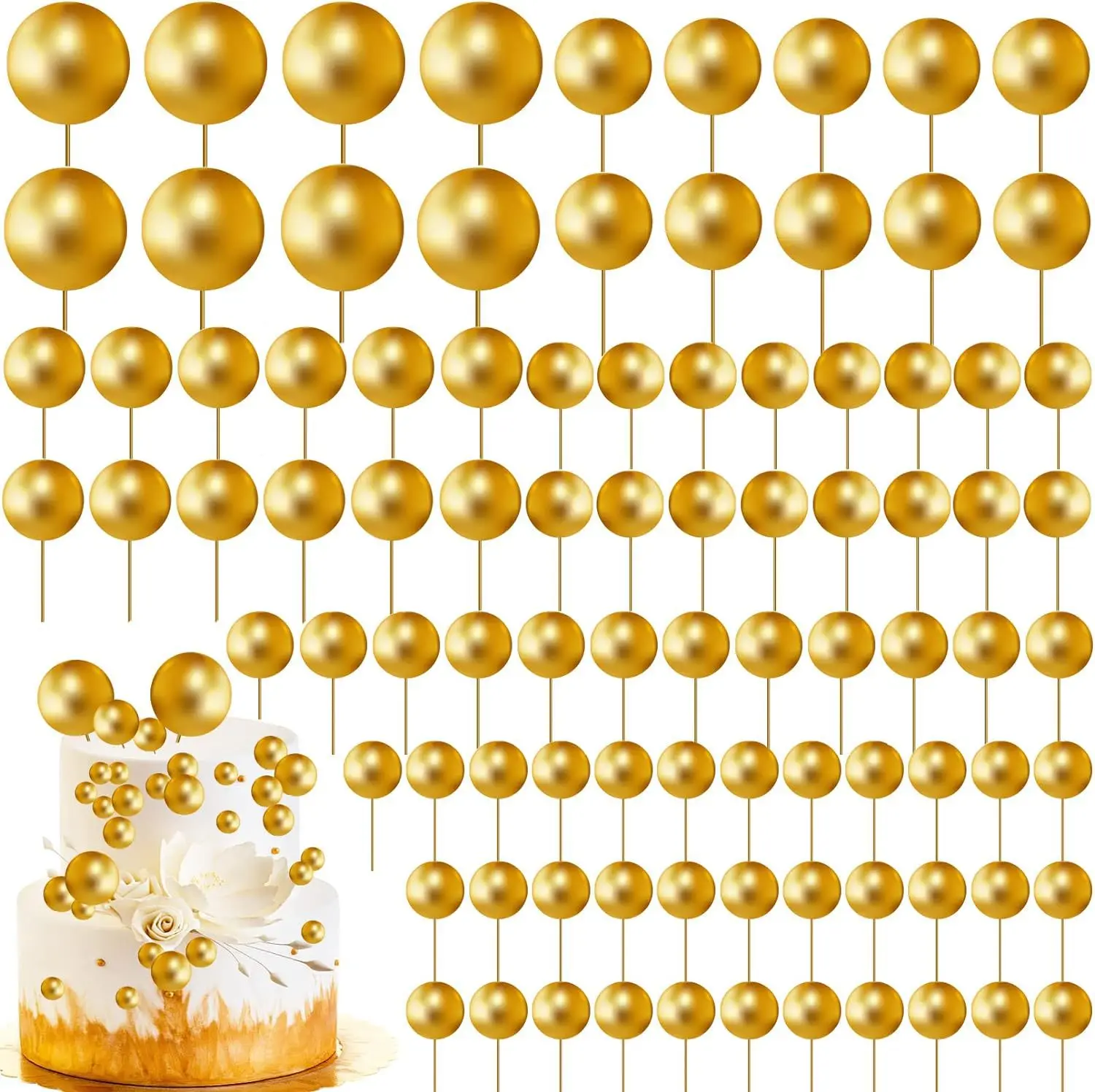 108pcs Gold Cake Balls Decorations Mini Balloons Cake Gold Foam Ball Cake Toppers Decorations for  Christmas Chid Birthday Party