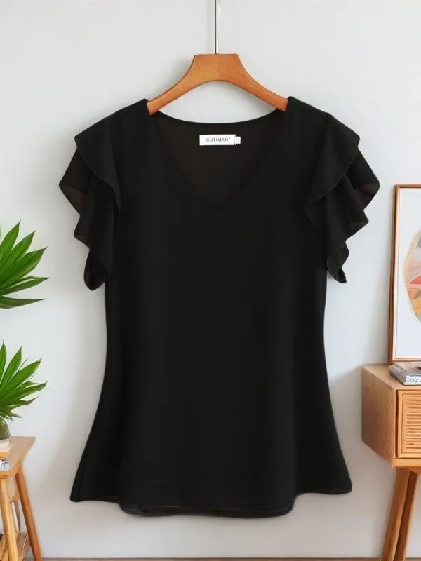 Loose Summer Shirt Women's Fashionable Double Layered Short Sleeve Chiffon Top plus Size Cover Belly Korean Style V-Neck