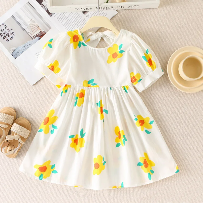 6313 girls 2023 Summer new Korean style girl puff sleeve cymbaria dahurica sweet backless beach dress