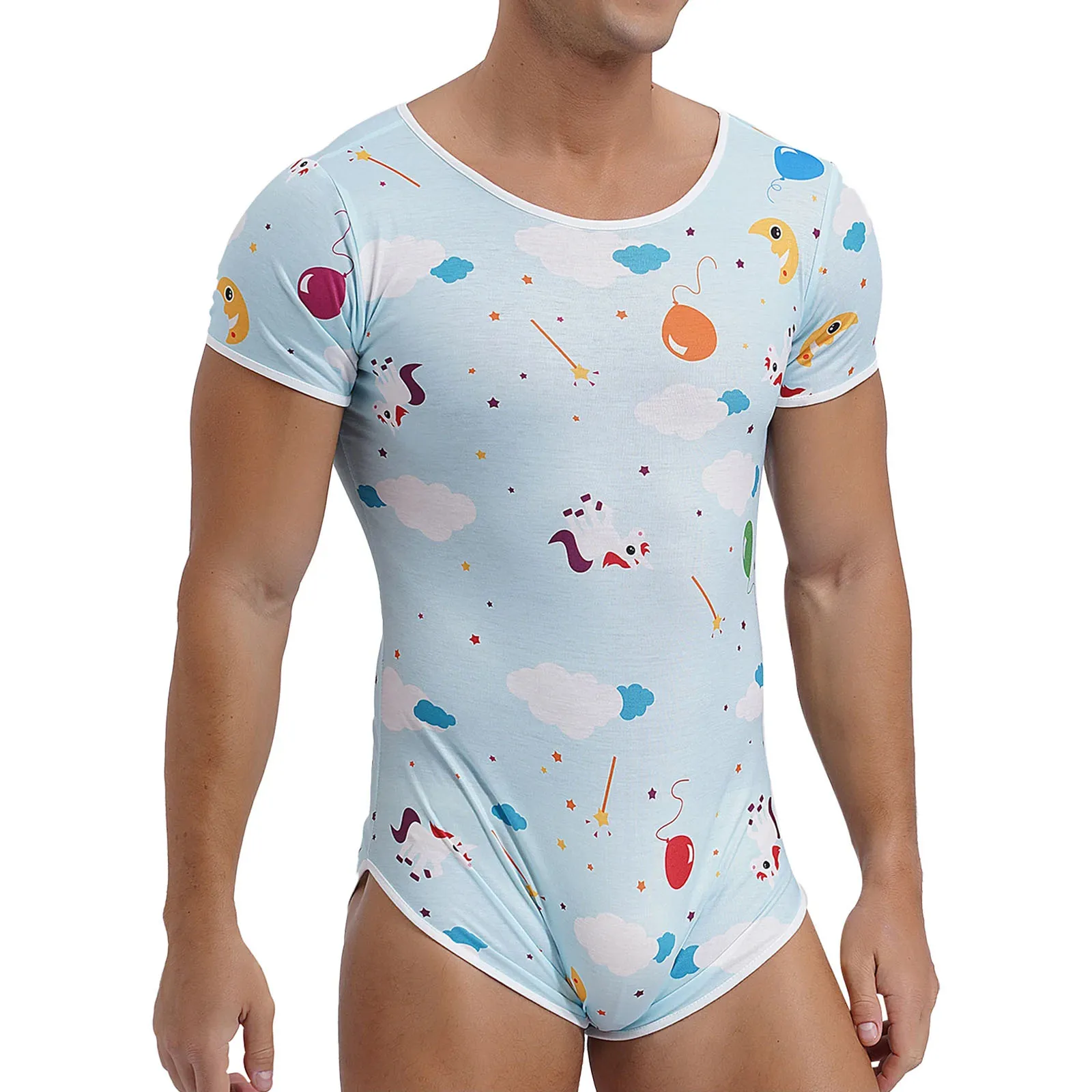 Mens Cute Cartoon Print Bodysuit Gay Male Sissy Onesies Pyjama Underwear Short Sleeve Buttoned Crotch Diaper Rompers Sleepwear