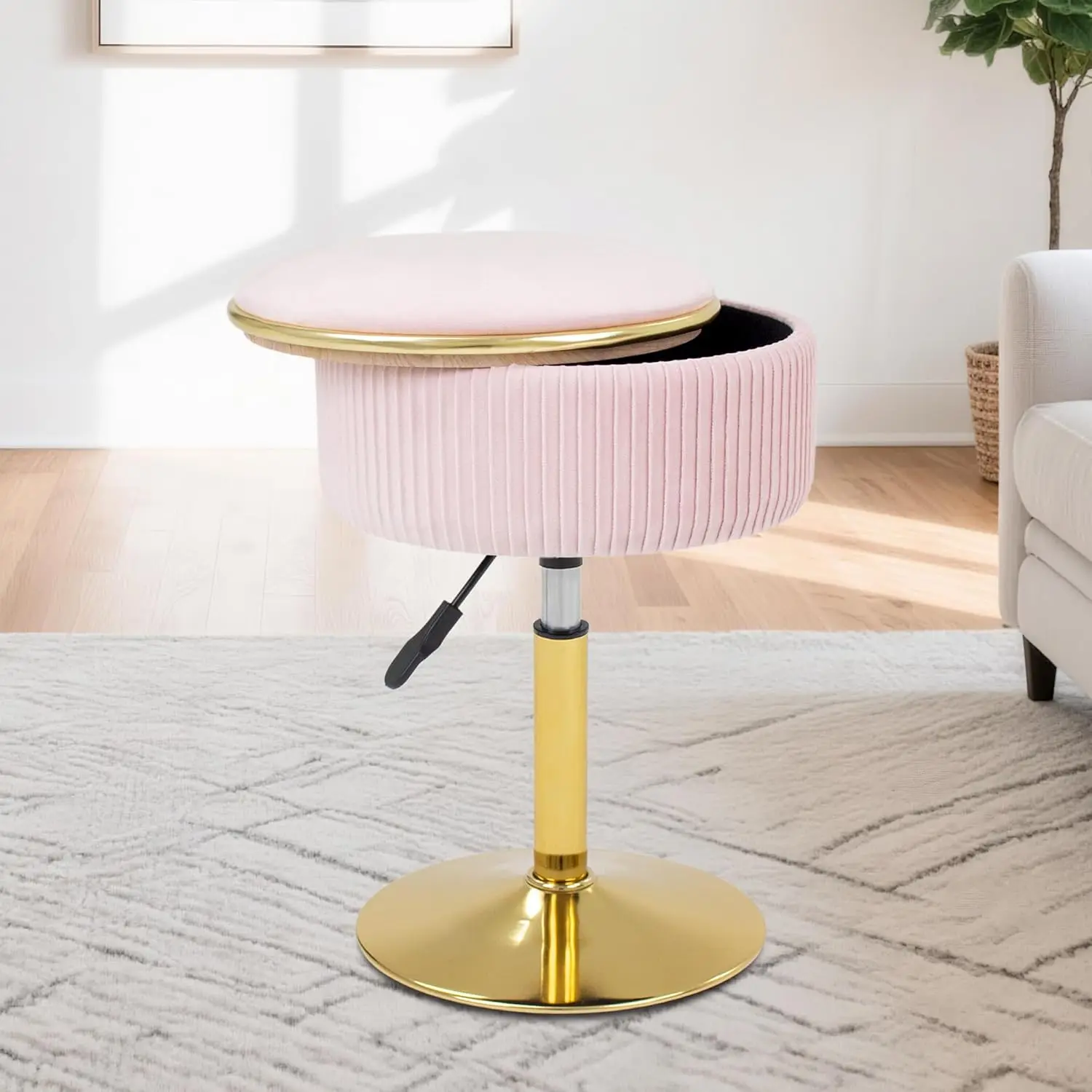 

Adjustable Velvet Stool with Storage, 360° Swivel Ottoman for Bathroom & Makeup Room in Pink