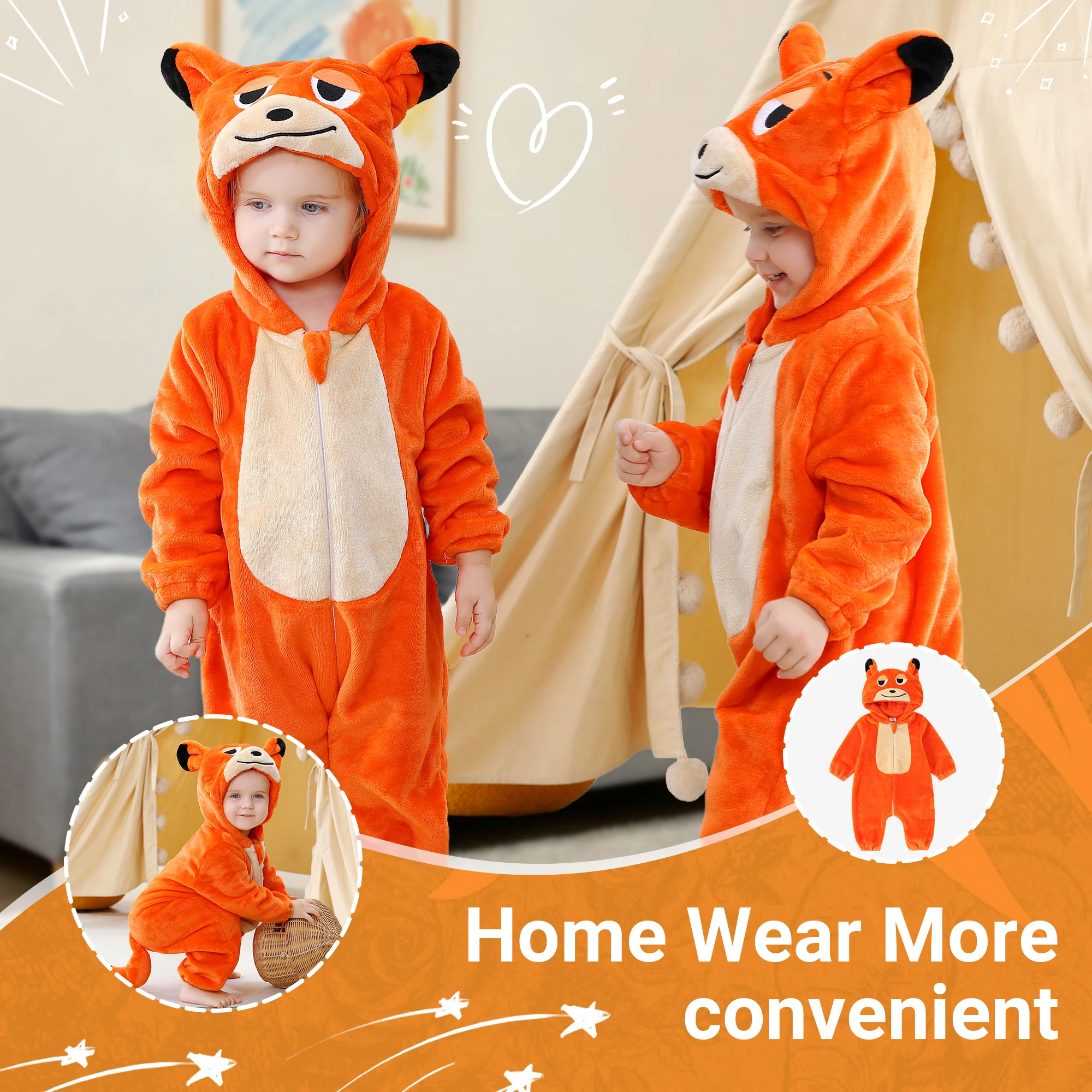 MICHLEY Halloween Fox Baby Cartoon Romper Winter Newborn Monkey Hooded Infant Clothing Boy Girl Pajamas Animal Onesie Jumpsuit