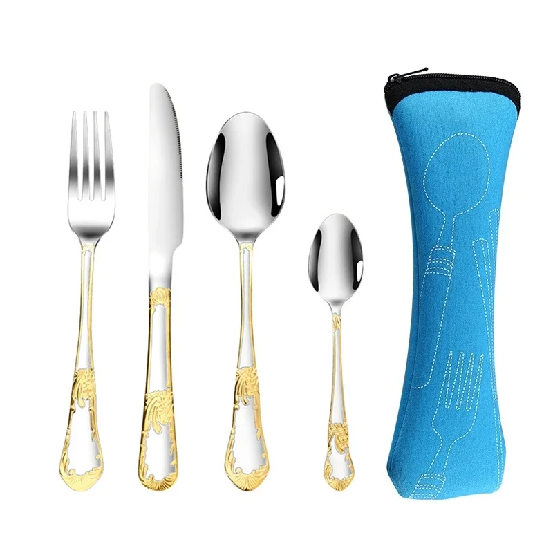 4Pcs Gold Embossed Knife Fork Spoon Retro Western Cutlery 410 Stainless Steel Cutlery Silverware Dinner Set