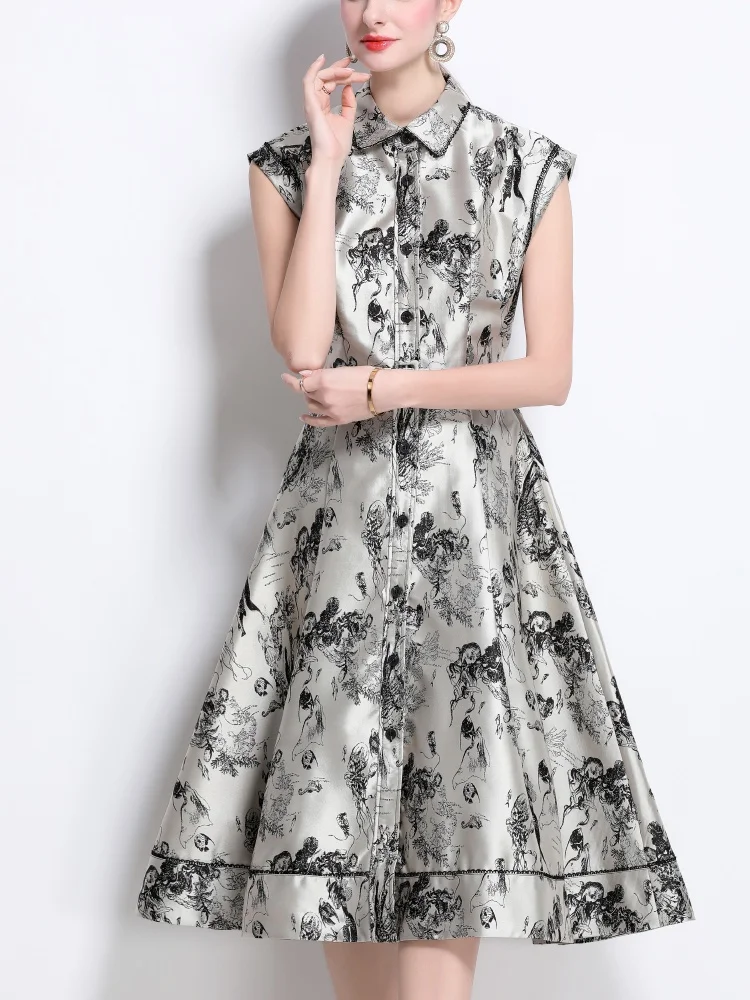 2025 New Spring Single Breasted Sleeveless Animal Ink Jacquard Long Dress Women's Turndown Collar Summer Dress
