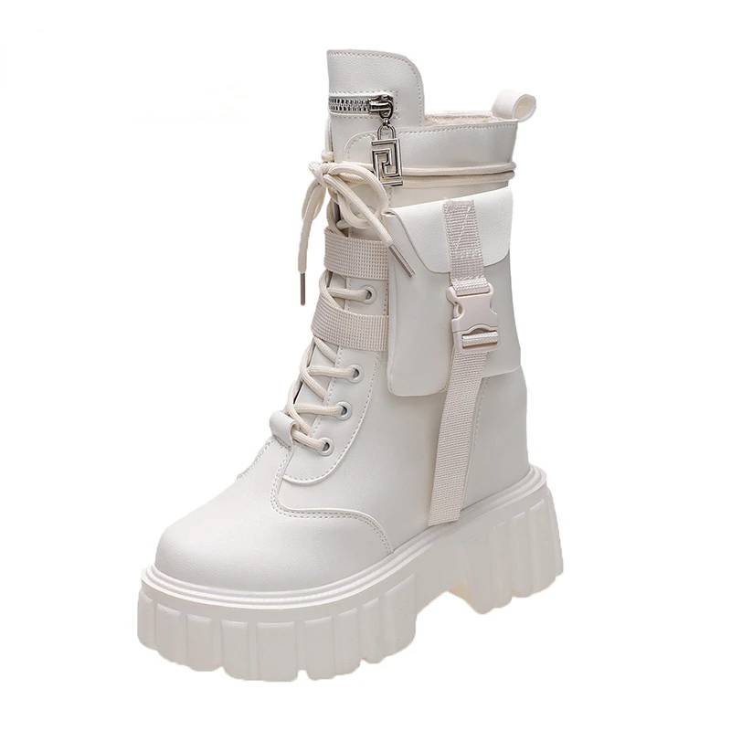 

Зимние Теплые ботильоны для женщин, кожаные короткие ботинки с круглым носком, мотоциклетные ботинки на высокой платформе с мехом, кроссовки на толстом каблуке 10 см