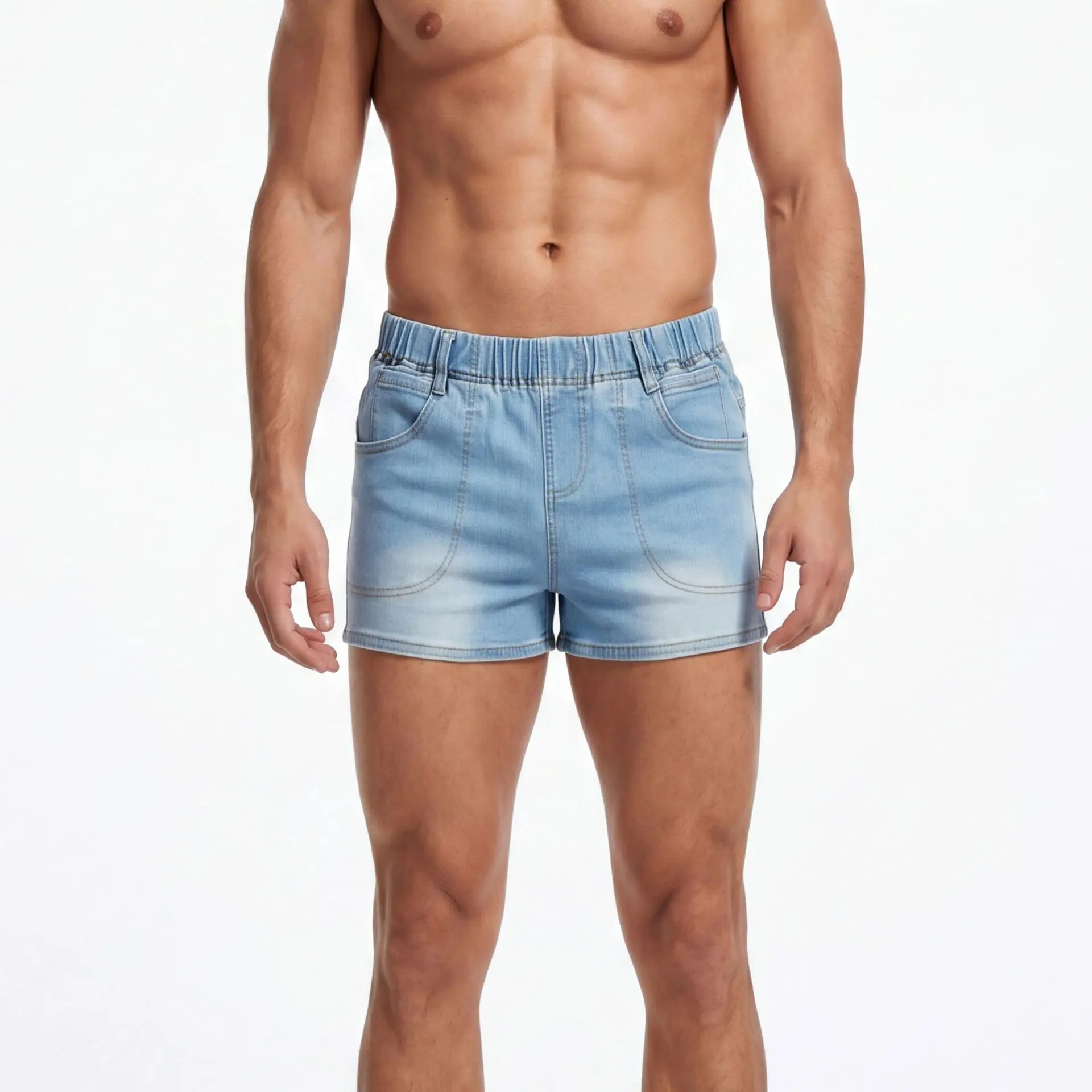 Elastic Waist Stretch Skinny 3-Pocket Denim Shorts Men's Casual Summer