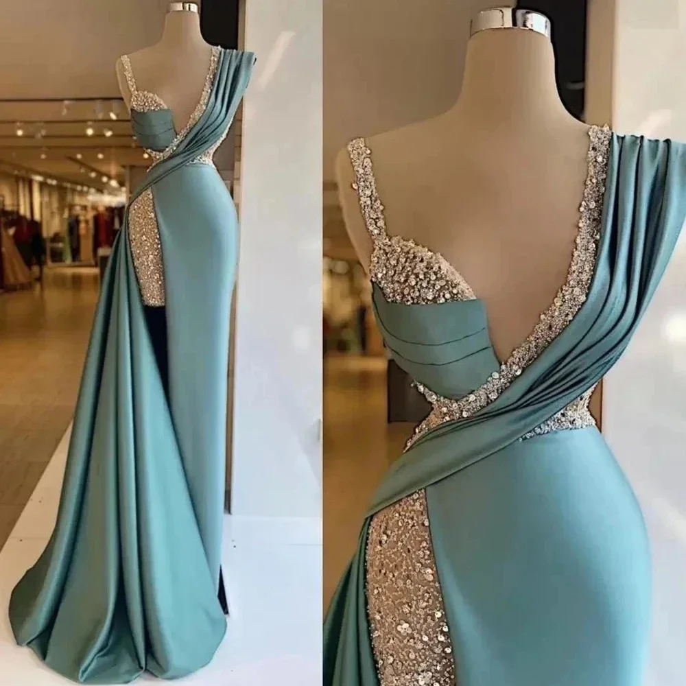 Sexy Elegant Luxurious Deep V-neck Sleeveless Sparkling Beading Off Shoulder Evening Dresses For Women Fashion Solid Dresses