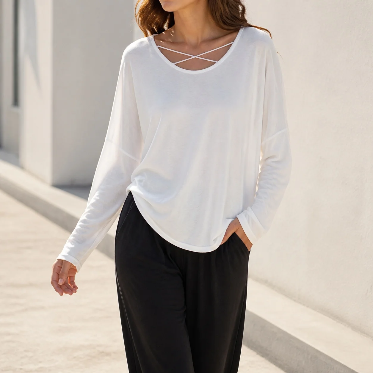 Long Sleeve Loose Fit Top Mid Length Streetwear with Crew Neck Sheer Wrinkle Finish Pullover T Shirts for Women