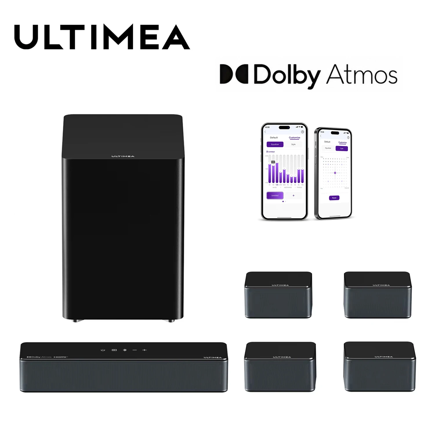 ULTIMEA 7.1Ch Soundbar with Dolby Atmos, APP Control, Surround Sound System for TV, 4 Wired Surround Speakers, Sound Bar for TV