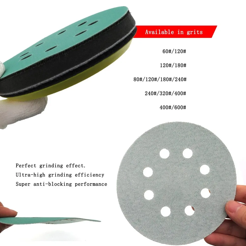 15 piece set of 5 inch 8 hole polyester film sandpaper discs compatible with orbital sanders for fine polishing and prep
