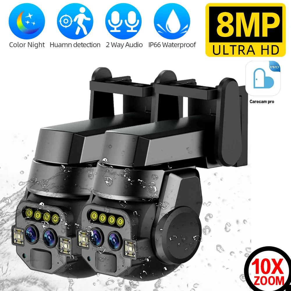 4K 8MP WiFi PTZ Surveillance Camera Outdoor Dual Lens 10X Zoom 2 Way Audio Auto Tracking Security Protection Monitoring Camera