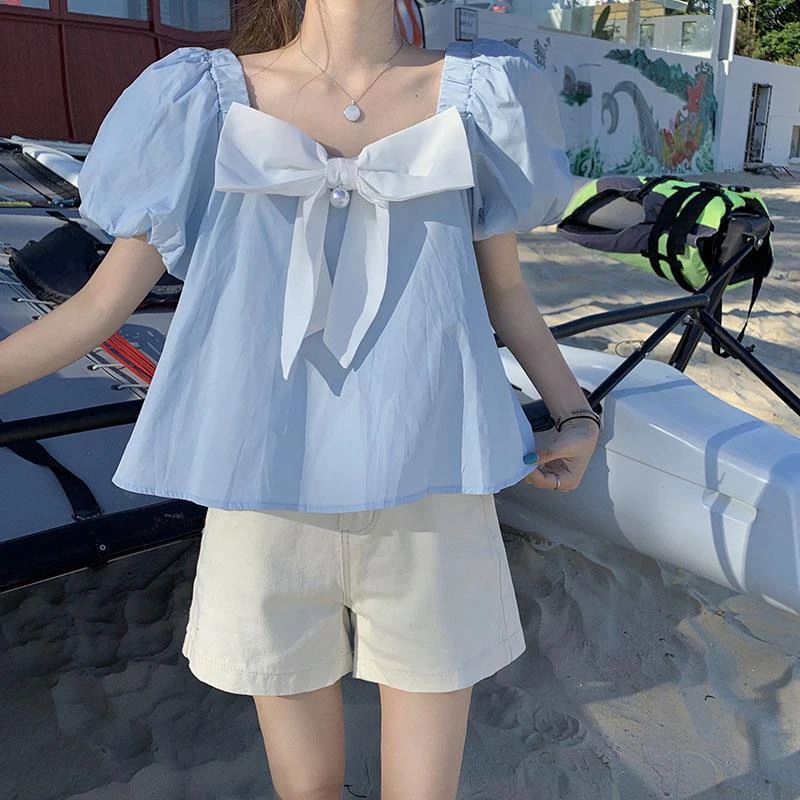 

Блузки женские с пышными рукавами, элегантные летние мешковатые винтажные эстетичные уличные модные праздничные принцессы, простые панели, нежный шик