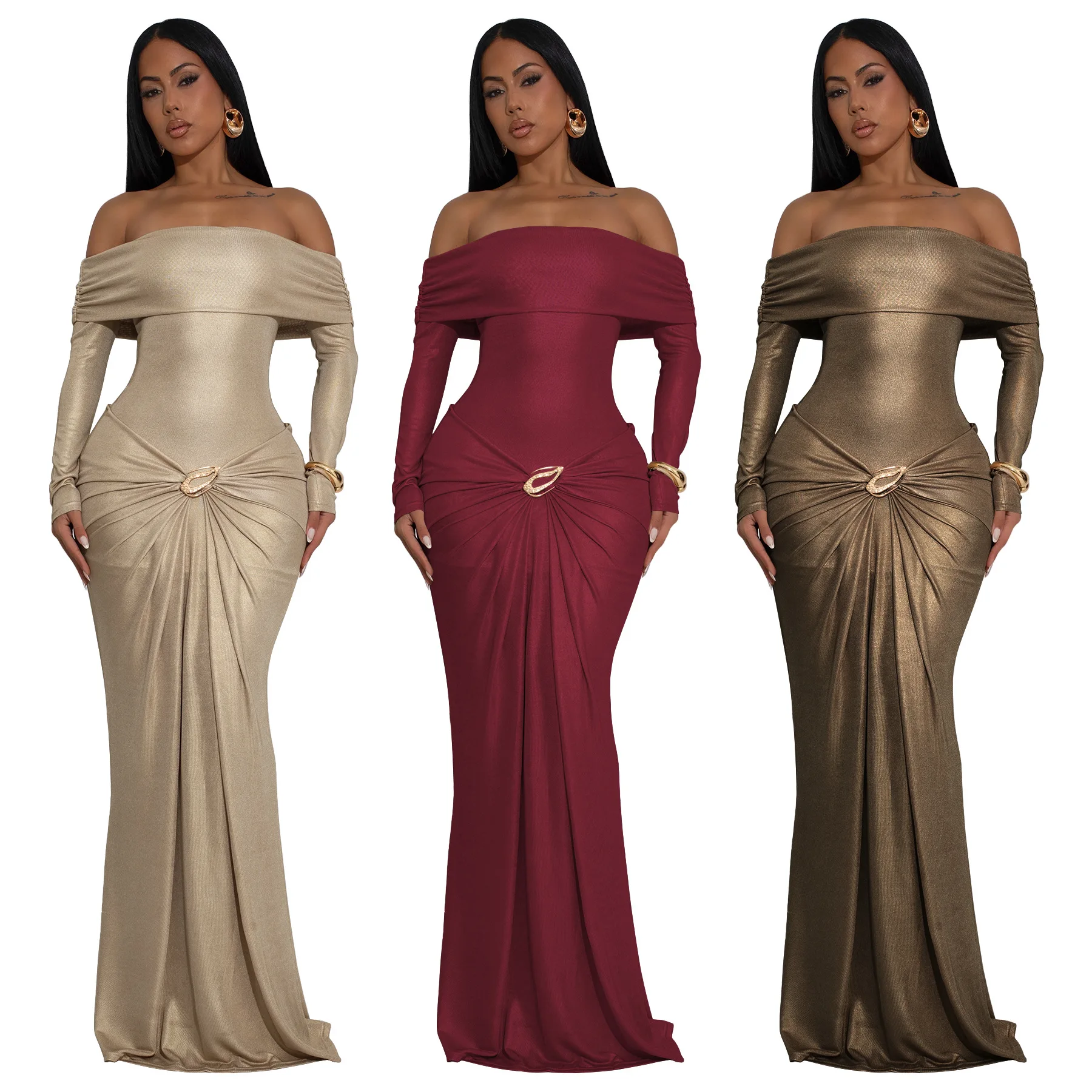 

EINY Элегантное вечернее платье для женщин с драпировкой, застежкой на лямках, вырезом-лодочкой, длинными рукавами, облегающее, эластичное, для дня рождения, вечеринки, шикарное.