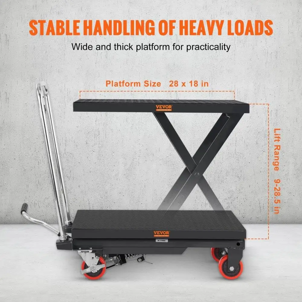 500lbs Capacity Hydraulic Lift Table Cart - Manual Scissor Lift with 28.5 Height, 4 Wheels & Non-Slip Pad for Easy for material